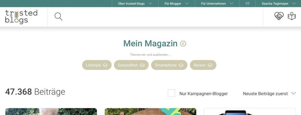 Trusted Blogs: Erfahrungen – So stellst Du dir dein eigenes Reisemagazin zusammen 11 Über den Einstellungs-Button kann das Magazin verwaltet und Sammlungen angelegt werden. Mit nur einem Klick lassen sich dann Themen ausblenden und einblenden. Screenshot: trusted-blogs.com
