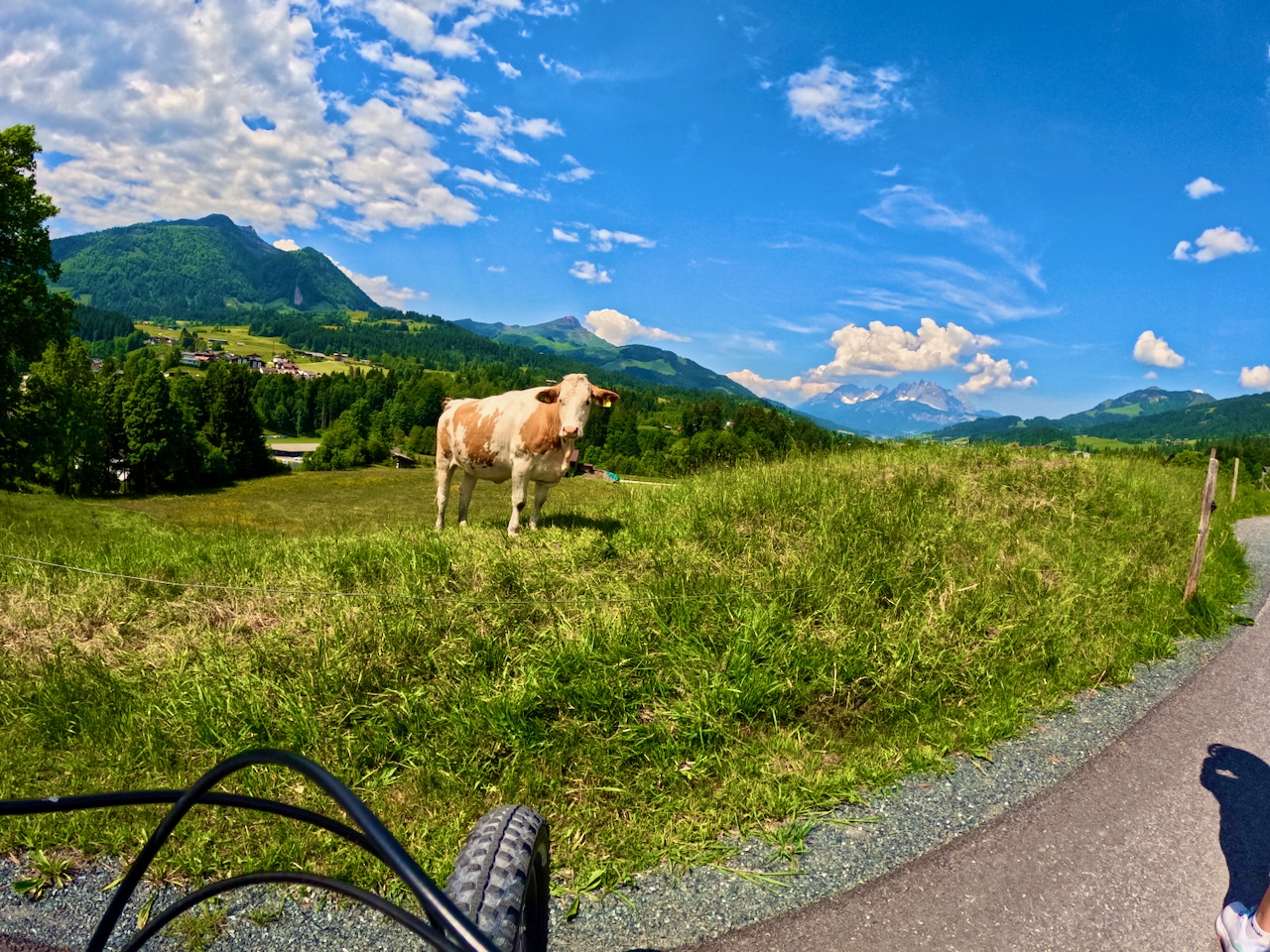 Wir haben uns die E-Bikes in unserer Unterkunft, dem Hotel Alte Post (Erfahrungsbericht) ausgeliehen. Dort haben wir zwei neuwertige Markenräder von Cube und Stevens für unsere Touren erhalten. Und schon konnte es losgehen. Helm auf, GoPro am Fahrrad befestigt und schon konnte es mit voll aufgeladenem Akku losgehen. Tatsächlich braucht man erst einmal einen Moment, um sich an die neue Technik zu gewönnen, denn du kannst beim E-Bike unterschiedliche Intensität der Unterstützung einstellen. Je mehr das Fahrrad unterstützt, desto schneller ist der Akku leer. Deshalb wirst du immer die elektrische Zuschaltung wählen, die dir gerade genug hilft, um mühelos voranzukommen. E-Bike Pillerseetal Fieberbrunn Erfahrungsbericht