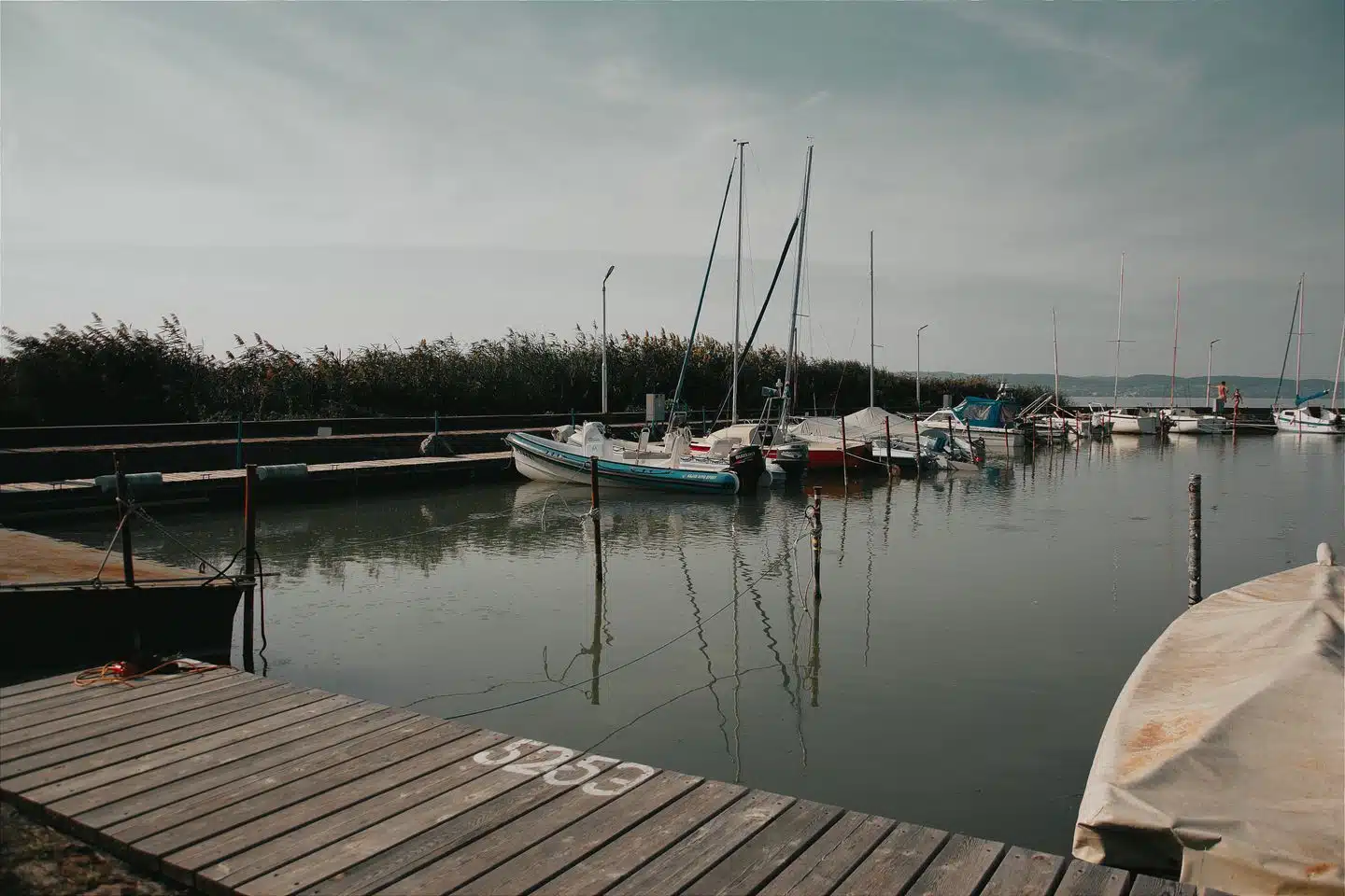 Balaton Erfahrungen: Ferienhaus, flaches Wasser und lange Abende in Siófok 6 Boote und Ufersteg an einem Hafen am Balaton in Ungarn