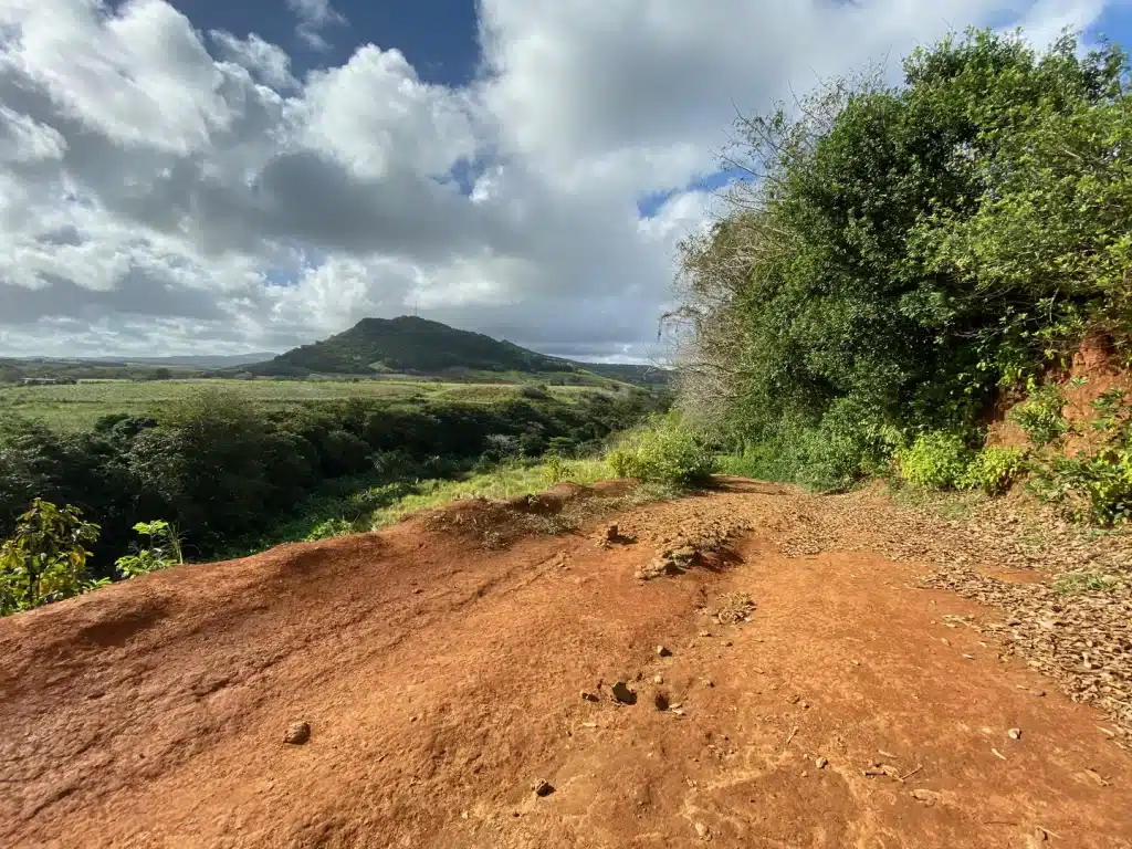 Mauritius Sehenswürdigkeiten: 10 persönliche Tipps 5 Rote Erde, grüne Vegetation und Berglandschaft unter Wolken auf Mauritius