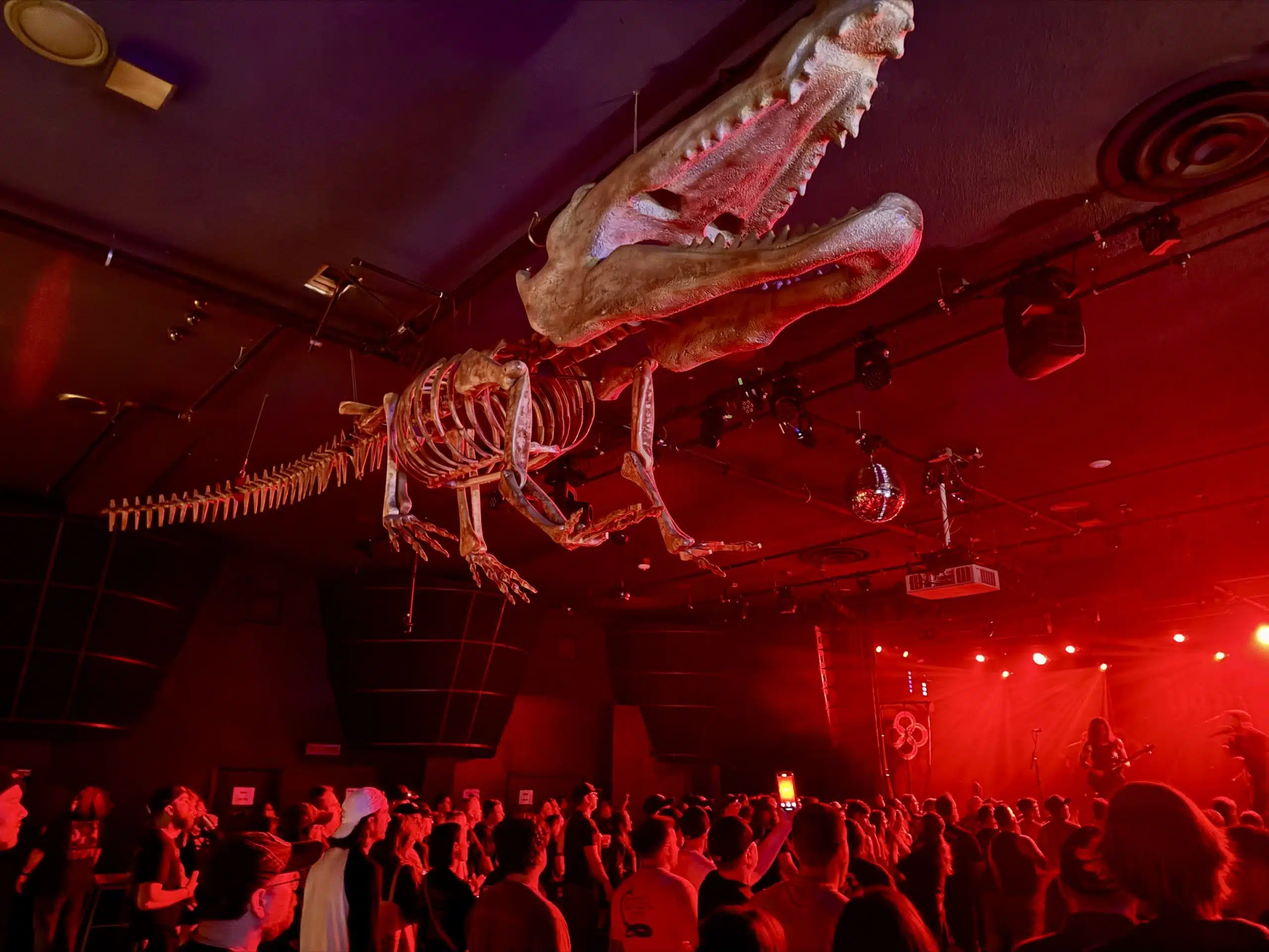 Seattle für Grunge-Fans: Gitarrenläden, Clubs und Nirvana-Spuren 6 Konzertpublikum unter einer großen Krokodilskulptur im rot beleuchteten Saal des Crocodile