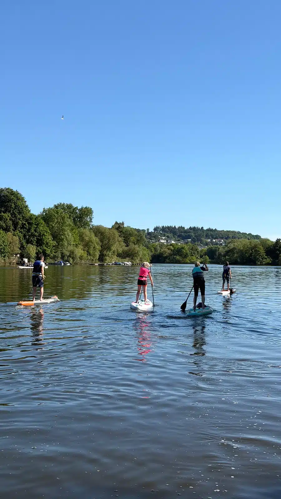 SUP auf der Weser bei Hameln: meine Erfahrungen mit Strömung, Schiffsverkehr und Tourenplanung 6 Stand-up-Paddler auf der Weser unter blauem Himmel